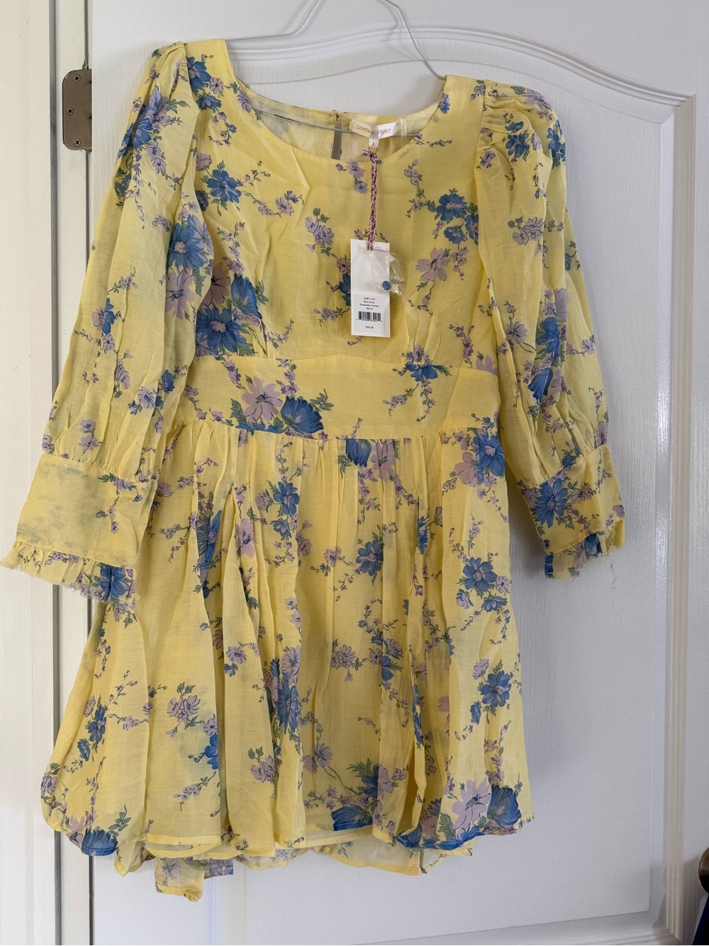 LoveShackFancy NWT Yellow Floral Dress with Blue & Lilac Blooms